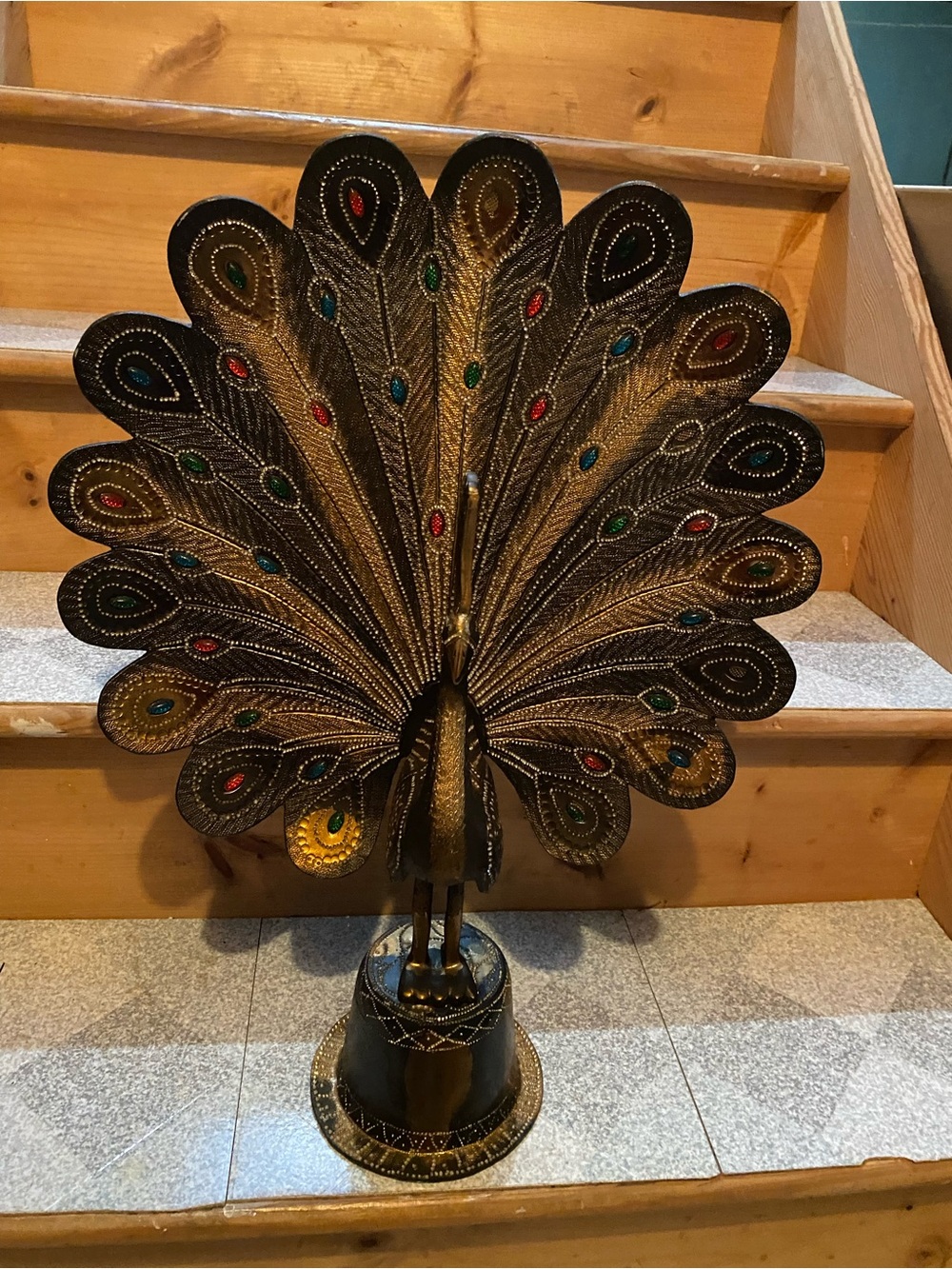 Decorative Metal Peacock Statue - Gold and Black